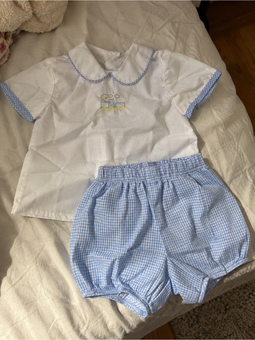 White & Light Blue Gingham Baby Matching Set - Short Sleeve Top & Elastic Shorts